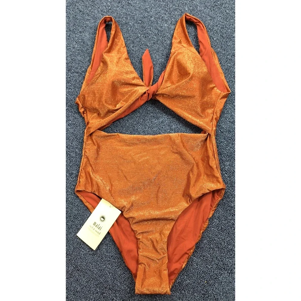 Malai Women Copper Bronze Metallic Shimmer Cutout One Piece Swimsuit Large NEW - Picture 3 of 9